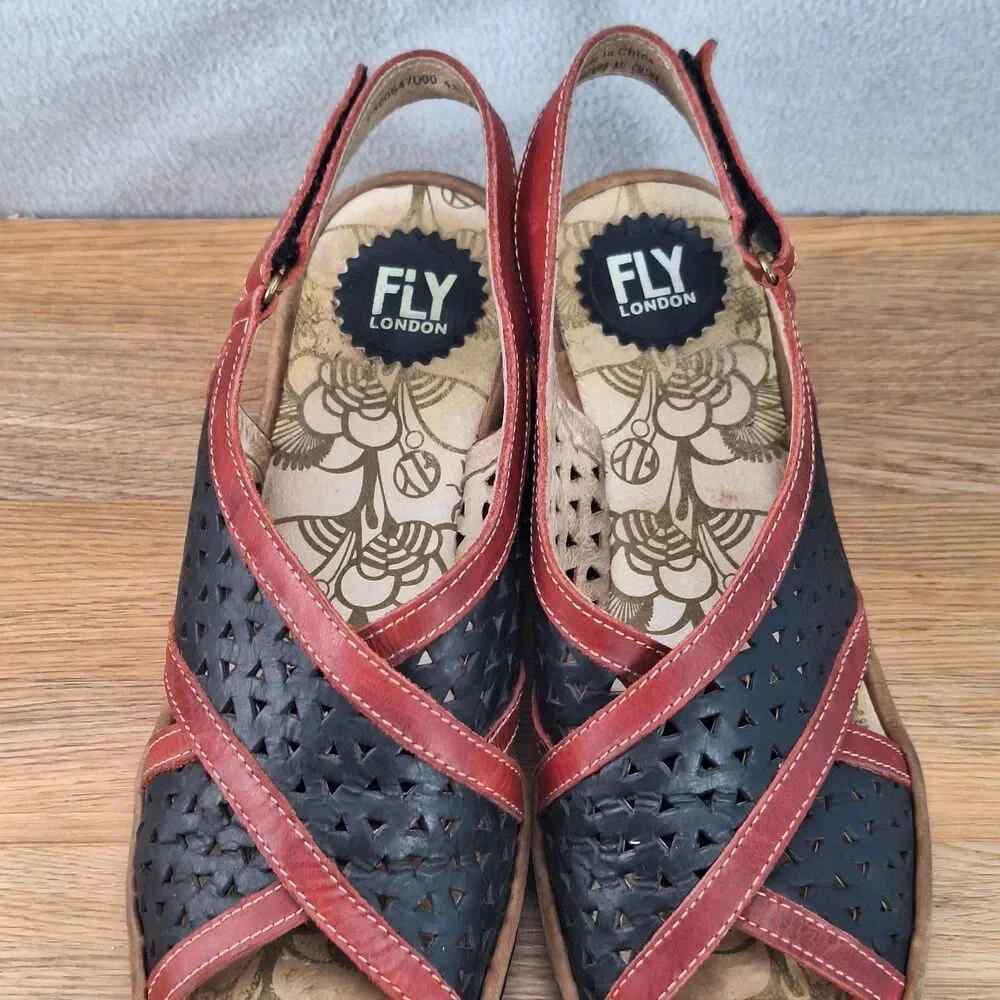 Fly London Ynes Women's 10.5 EU 41 Perforated Leather Wedge Sandals Black Red